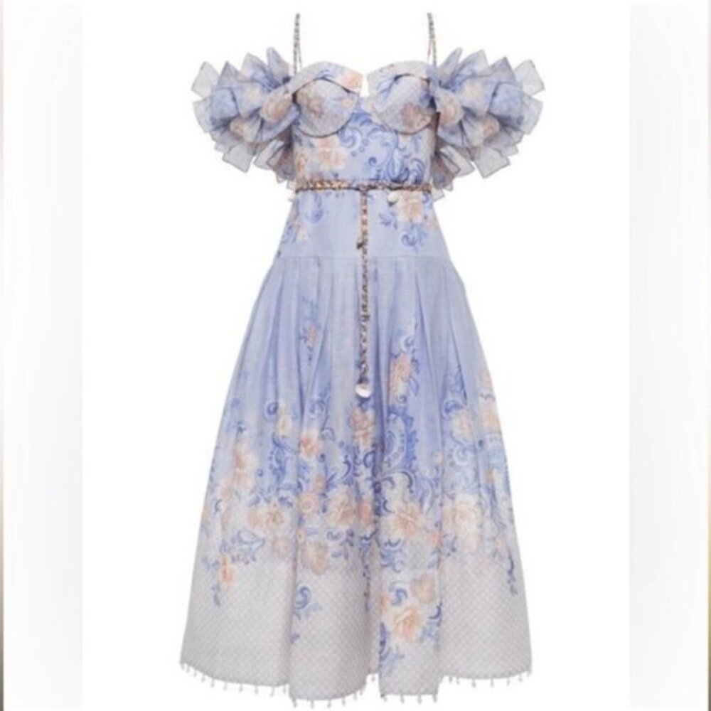 On Hold- ZIMMERMANN Postcard Bow Bodice Periwinkle Lilac Puff Sleeve Dress - Picture 2 of 7
